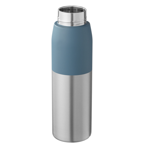 Bouteille métallique bicolore bleu et argent, bouchon dévissé, corps brossé sans marquage visible. Bouteille métallique bicolore bleu et argent, bouchon dévissé, corps brossé sans marquage visible.