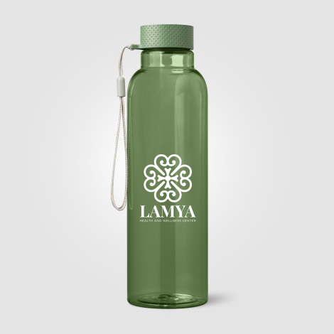 Bouteille verte transparente publicitaire, marquage visible. Bouteille verte transparente publicitaire, marquage visible.