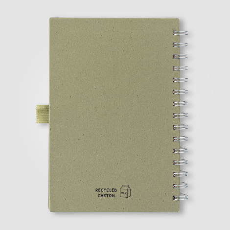 Dos du carnet vert affichant le pictogramme “bouteille de lait recyclé”, sans marquage. Dos du carnet vert affichant le pictogramme “bouteille de lait recyclé”, sans marquage.