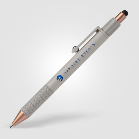 Stylo déstressant publicitaire gris avec marquage quadri sur le corps. Stylo déstressant publicitaire gris avec marquage quadri sur le corps.