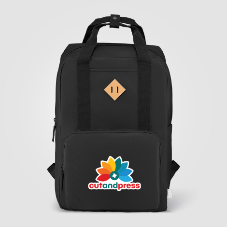 Sac à dos publicitaire noir avec marquage quadri sur la poche avant. Sac à dos publicitaire noir avec marquage quadri sur la poche avant.