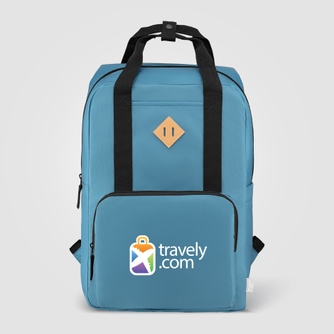 Sac à dos publicitaire bleu avec marquage quadri visible sur la poche avant. Sac à dos publicitaire bleu avec marquage quadri visible sur la poche avant.