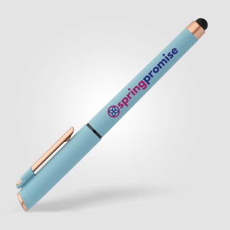 Stylo bleu clair publicitaire avec marquage quadri visible sur le corps. Stylo bleu clair publicitaire avec marquage quadri visible sur le corps.