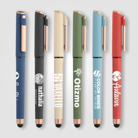 Ensemble de stylos York multicolores présentés avec sérigraphie blanche visible sur le corps. Ensemble de stylos York multicolores présentés avec sérigraphie blanche visible sur le corps.