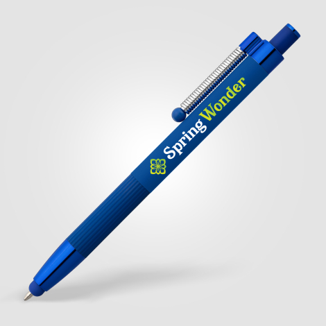 Stylo bleu publicitaire avec marquage quadri visible sur le corps. Stylo bleu publicitaire avec marquage quadri visible sur le corps.