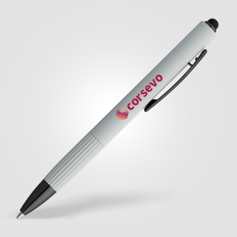 Stylo publicitaire blanc avec marquage quadri visible. Stylo publicitaire blanc avec marquage quadri visible.