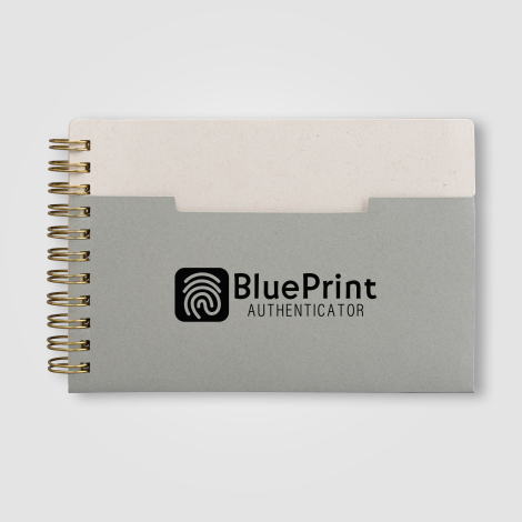 Carnet publicitaire gris A6 avec marquage visible sur la couverture. Carnet publicitaire gris A6 avec marquage visible sur la couverture.