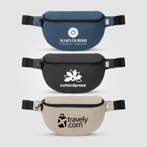 Trois sacs bananes publicitaires avec marquage sérigraphie sur l’avant. Trois sacs bananes publicitaires avec marquage sérigraphie sur l’avant.