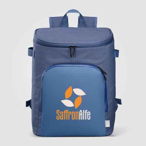 Sac à dos isotherme bleu vu de face, marquage avant. Sac à dos isotherme bleu vu de face, marquage avant.