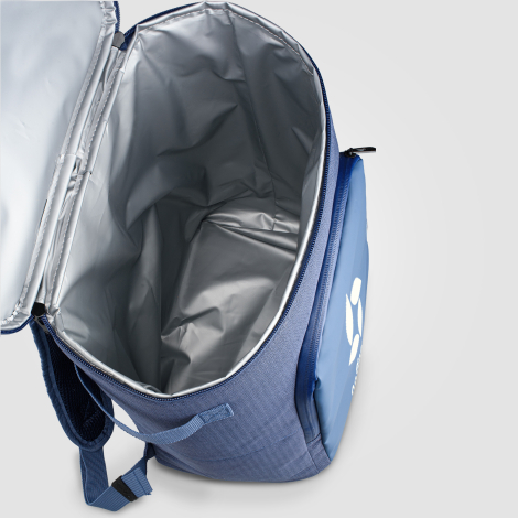 Sac à dos isotherme bleu vu du dessus, intérieur visible. Sac à dos isotherme bleu vu du dessus, intérieur visible.