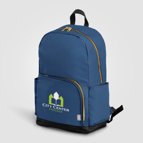 Sac à dos bleu vu de profil avec marquage avant visible Sac à dos bleu vu de profil avec marquage avant visible