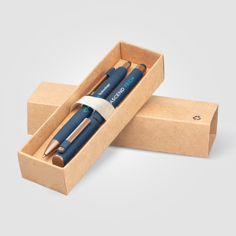 Coffret de stylos bleus promotionnels avec marquage visible Coffret de stylos bleus promotionnels avec marquage visible