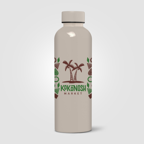 Gourde beige brillante personnalisée avec marquage tout autour. Gourde beige brillante personnalisée avec marquage tout autour.