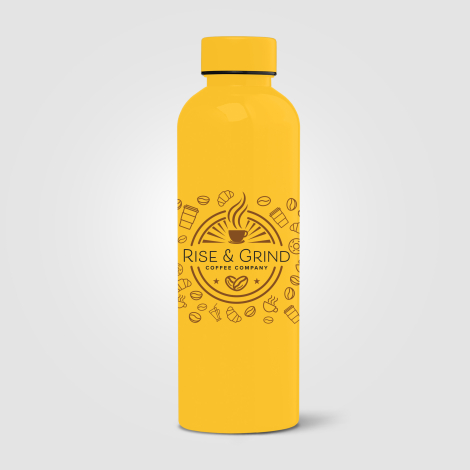 Gourde jaune brillante personnalisée avec marquage tout autour. Gourde jaune brillante personnalisée avec marquage tout autour.