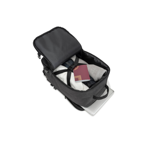 Vue intérieure du sac montrant le compartiment principal avec sangles de maintien et objets rangés, sans marquage visible.