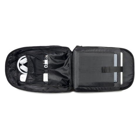 Vue intérieure du sac ouverte présentant les compartiments de rangement pour accessoires et ordinateur, sans personnalisation vi