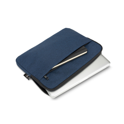 Modèle bleu ouvert présentant un ordinateur portable et un carnet dans la poche zippée, sans marquage visible.