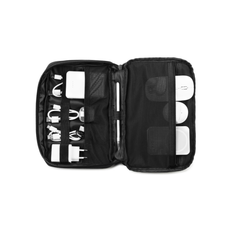 Vue intérieure de la trousse ouverte présentant les compartiments et élastiques pour accessoires électroniques, sans personnalis