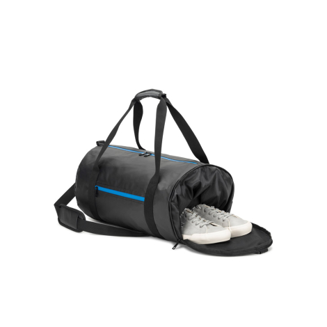 Vue latérale du sac ouverte montrant le compartiment à chaussures et la fermeture bleue contrastante, sans personnalisation visi