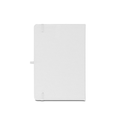 Vue arrière du carnet à couverture blanche avec passant pour stylo et élastique de maintien, sans marquage apparent.