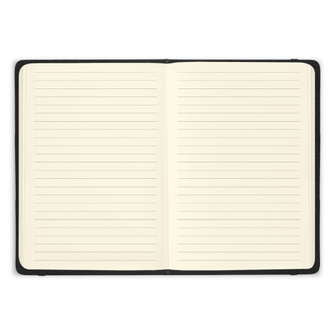 Bloc-notes ouvert présentant des pages lignées couleur crème, sans personnalisation visible.