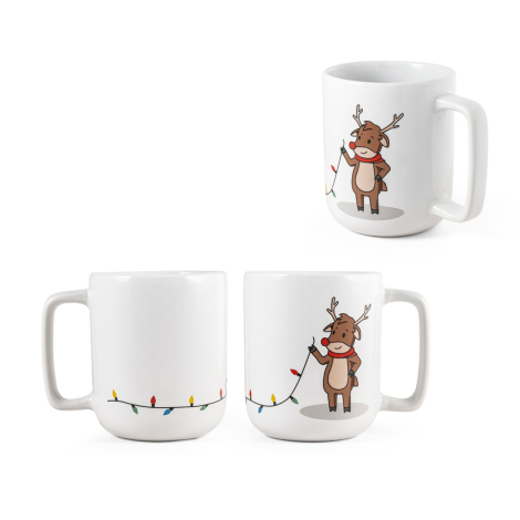 Vue combinée présentant la tasse sous plusieurs angles, dévoilant le motif complet avec guirlande lumineuse colorée et renne, sa