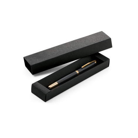 Stylo roller présenté dans son coffret rectangulaire noir assorti, sans personnalisation visible.