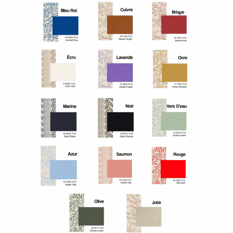 Nuancier des tissus et doublures : teintes variées et motifs assortis présentés avec codes couleur.