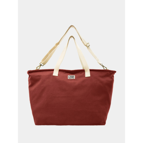 Sac week-end brique avec anses écrues et bandoulière ajustable, marquage centré.