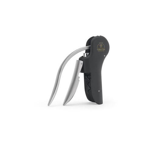 Tire-bouchon noir et argent vu de trois quarts, avec marquage visible sur la partie supérieure noire.