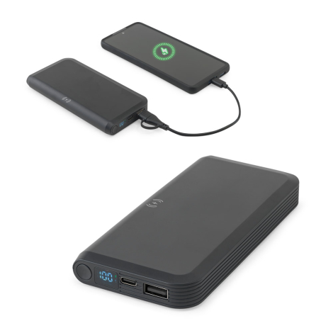 Batterie noire connectée à un smartphone en charge, posée sur une surface claire, sans marquage visible.