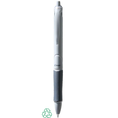 Stylo bille blanc en vue trois-quarts avec grip gris texturé, sans personnalisation visible.