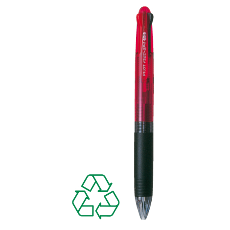Stylo 4 couleurs rouge translucide de face avec grip noir, sans marquage visible.