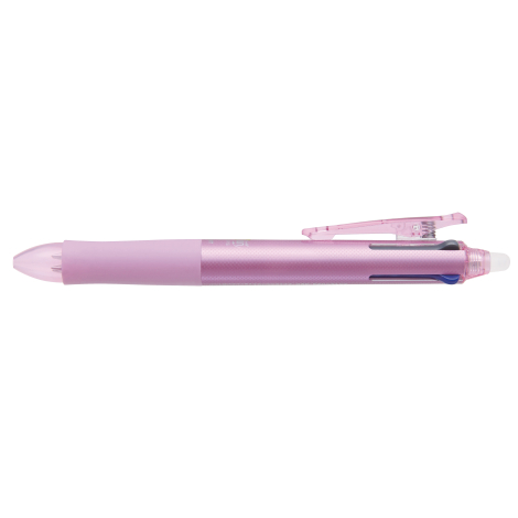 Stylo multifonction rose de profil avec finition légèrement texturée et clip relevé, sans marquage visible.