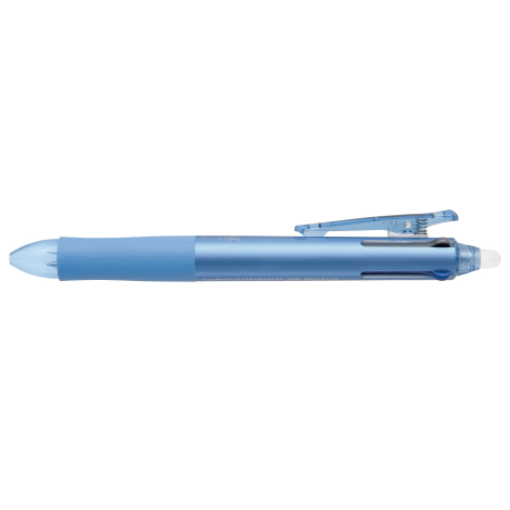 Stylo multifonction bleu de profil avec finition légèrement texturée et clip relevé, sans marquage visible.