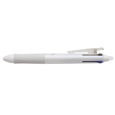 Stylo multifonction blanc de profil avec finition légèrement texturée et clip relevé, sans marquage visible.