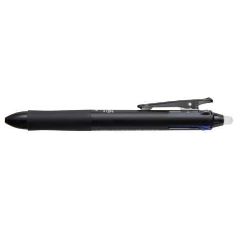 Stylo multifonction noir de profil avec finition légèrement texturée et clip relevé, sans marquage visible.