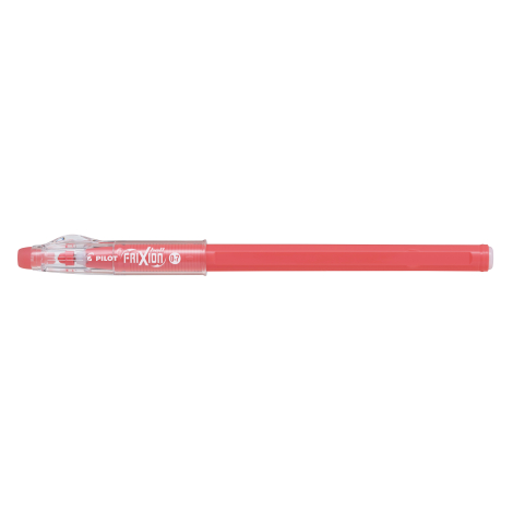 Stylo corail de profil avec capuchon translucide et extrémité assortie