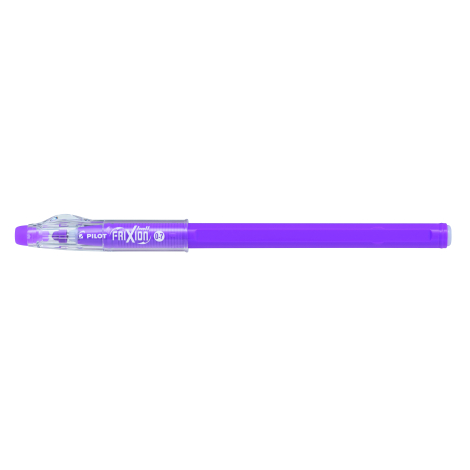 Stylo violet de profil avec capuchon translucide et extrémité assortie, sans marquage visible.