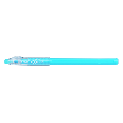 Stylo turquoise de profil avec capuchon translucide et extrémité assortie