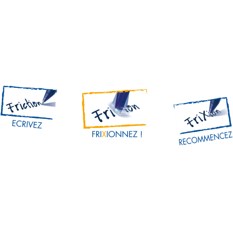Visuel illustrant l’effet effaçable : écriture, zone frottée et tracé réapparu, entouré de cadres colorés.