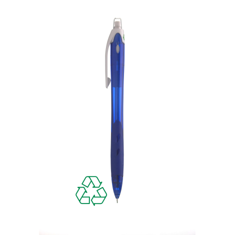 Porte-mine bleu translucide de face avec grip bleu et clip blanc, sans marquage visible.