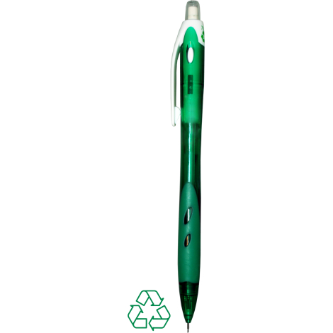 Porte-mine vert translucide de face avec grip vert et clip blanc, sans marquage visible.