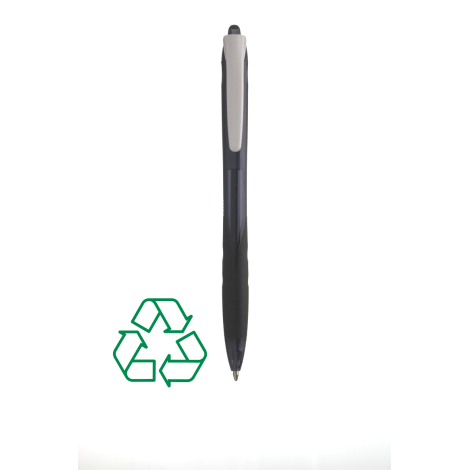 Stylo gris foncé translucide de face avec grip noir et clip gris, sans marquage visible.