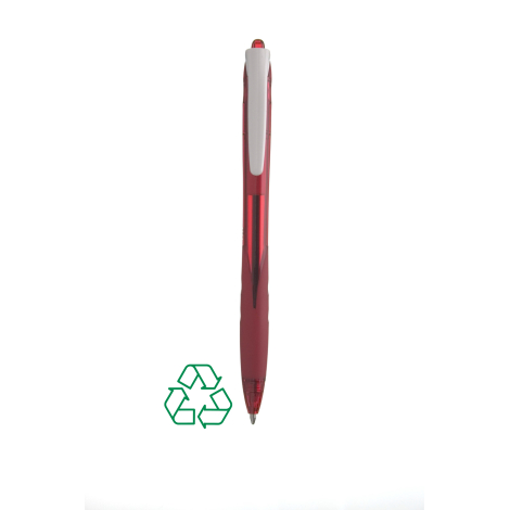 Stylo rouge translucide de face avec grip assorti et clip gris, sans marquage visible.