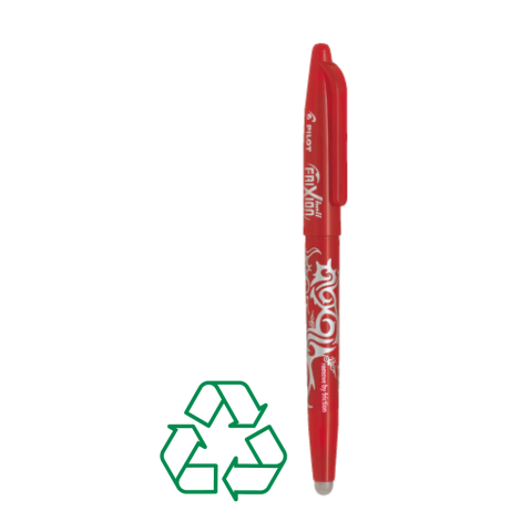 Stylo rouge décoré de motifs clairs de face avec capuchon assorti, sans marquage visible.