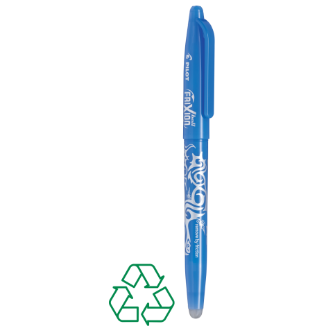 Stylo bleu ciel décoré de motifs clairs de face avec capuchon assorti, sans marquage visible.