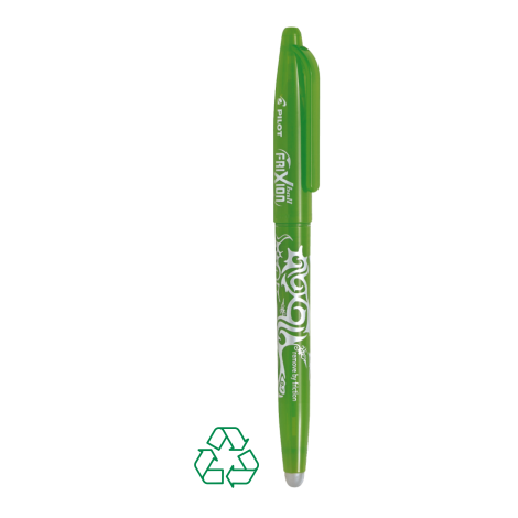 Stylo vert citron décoré de motifs clairs de face avec capuchon assorti, sans marquage visible.