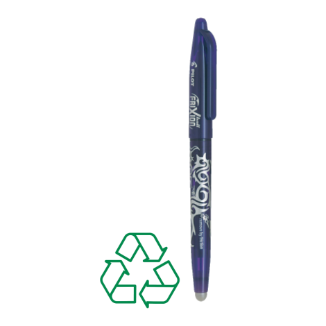 Stylo violet décoré de motifs clairs de face avec capuchon assorti, sans marquage visible.