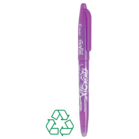 Stylo mauve décoré de motifs clairs de face avec capuchon assorti, sans marquage visible.